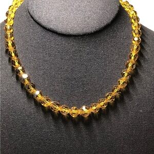 Vintage Amber Color Faceted Glass Bead Necklace 10k GE Chain 16”